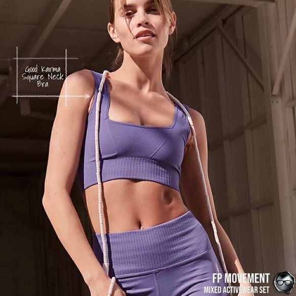 FP MOVEMENT SET GOOD KARMA SQUARE NECK BRA + LEGGINGS + HR CROP TANK VIOLET BLUE - Picture 5 of 16